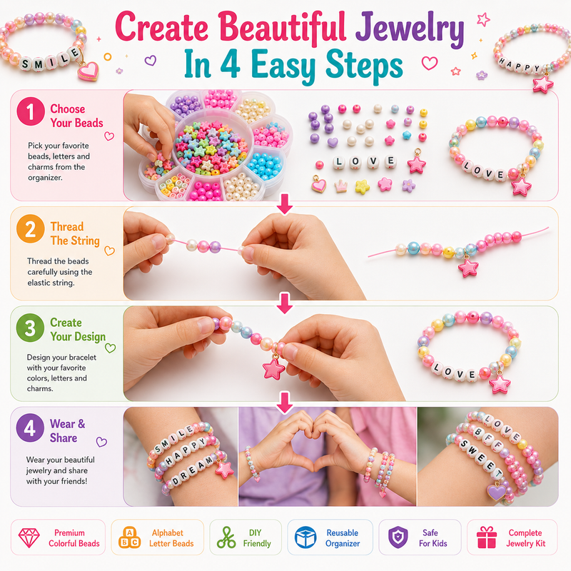 Kids Bracelet & Jewelry Making Set – Assorted Beads, Charms, Elastic Cords & Organizer Box for Creative Crafts
