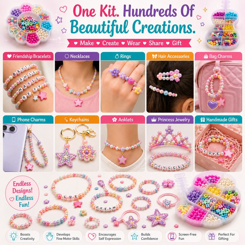 Kids Bracelet & Jewelry Making Set – Assorted Beads, Charms, Elastic Cords & Organizer Box for Creative Crafts