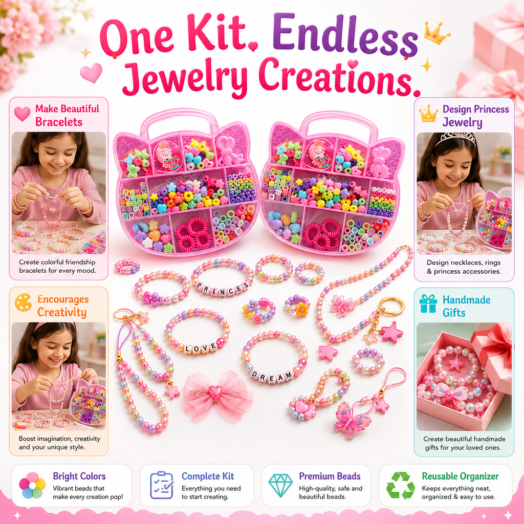 Complete Kids Jewelry Craft Set – Beads, Heart Charms, Flower Beads, Alphabet Letters & Accessories with Organizer