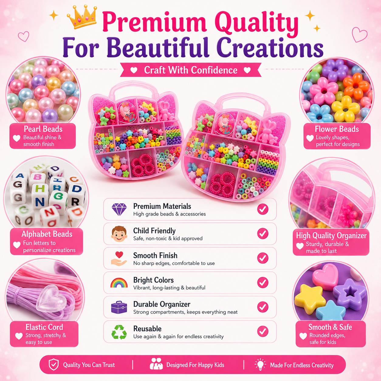 Complete Kids Jewelry Craft Set – Beads, Heart Charms, Flower Beads, Alphabet Letters & Accessories with Organizer