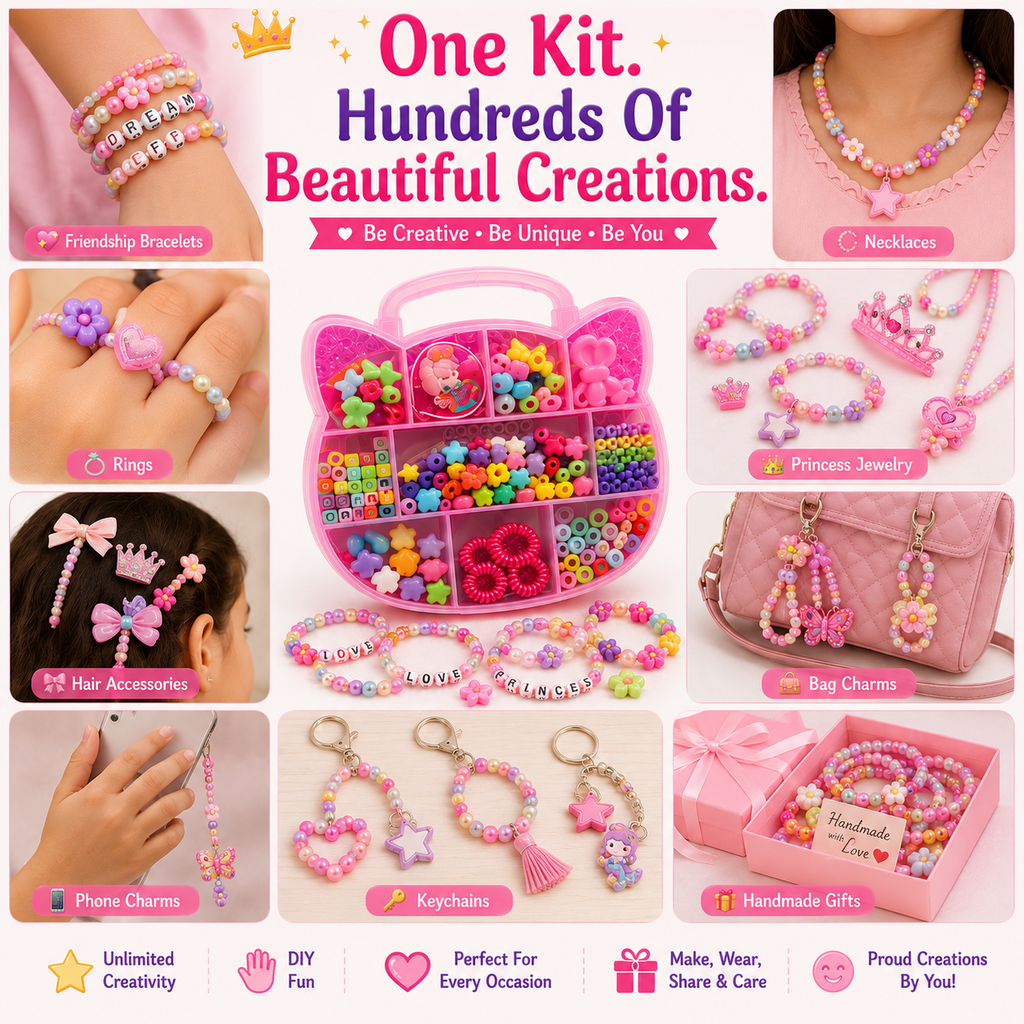 Complete Kids Jewelry Craft Set – Beads, Heart Charms, Flower Beads, Alphabet Letters & Accessories with Organizer