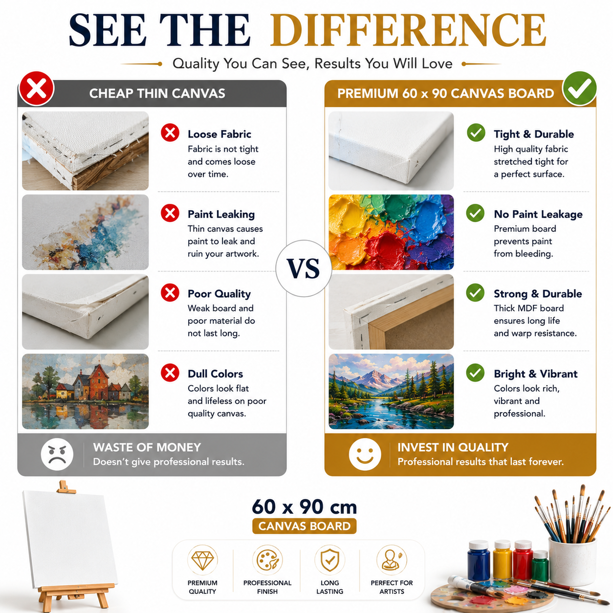 60×90 cm Artist Canvas Board – Large Painting Canvas for Acrylic, Craft Projects, Wall Art & Creative Activities