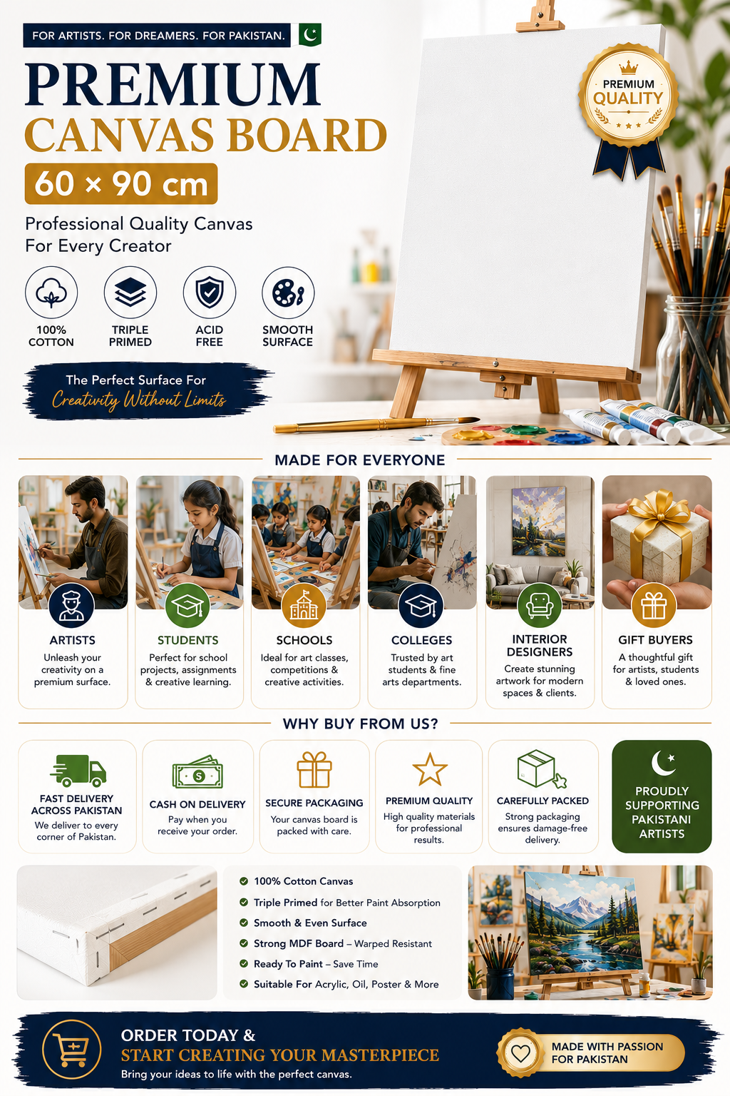 60×90 cm Artist Canvas Board – Large Painting Canvas for Acrylic, Craft Projects, Wall Art & Creative Activities