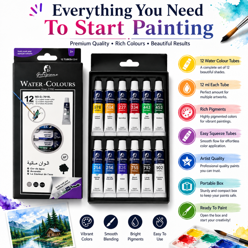 12-Color Watercolor Paint Set – 12ml Tubes Premium Water Colour Paints for Kids, Students, Beginners & Artists, Smooth Blending & Bright Pigments