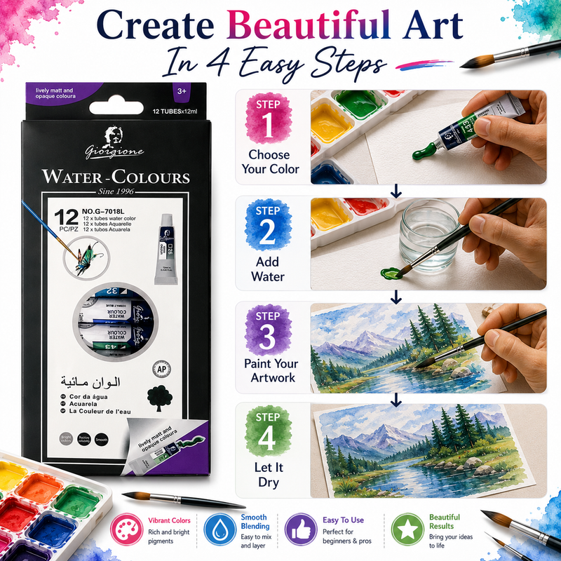 12-Color Watercolor Paint Set – 12ml Tubes Premium Water Colour Paints for Kids, Students, Beginners & Artists, Smooth Blending & Bright Pigments