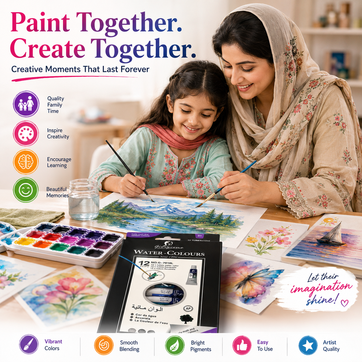 12-Color Watercolor Paint Set – 12ml Tubes Premium Water Colour Paints for Kids, Students, Beginners & Artists, Smooth Blending & Bright Pigments