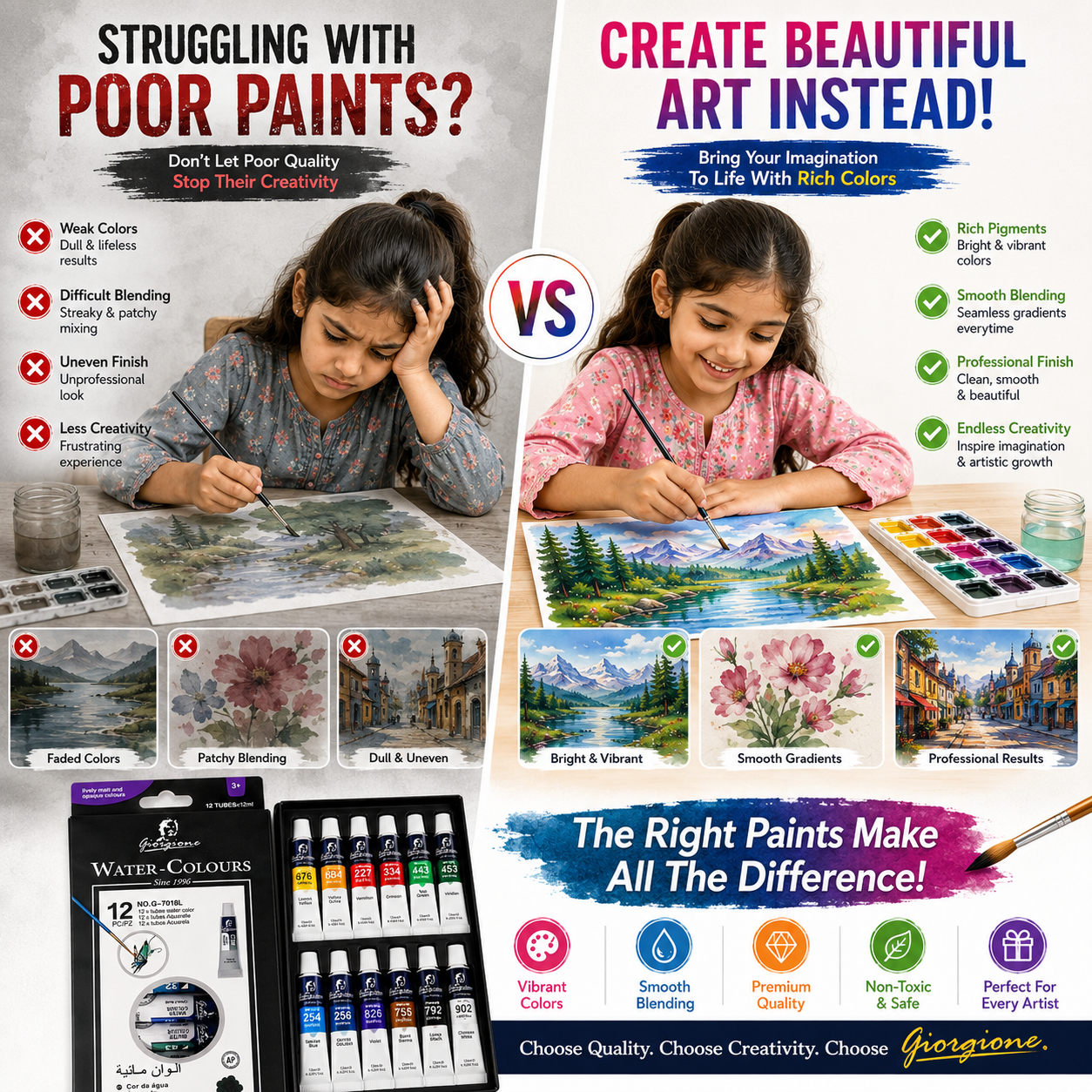 12-Color Watercolor Paint Set – 12ml Tubes Premium Water Colour Paints for Kids, Students, Beginners & Artists, Smooth Blending & Bright Pigments