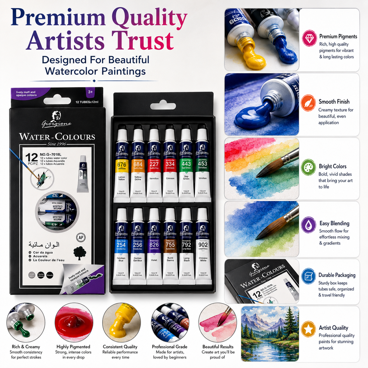 12-Color Watercolor Paint Set – 12ml Tubes Premium Water Colour Paints for Kids, Students, Beginners & Artists, Smooth Blending & Bright Pigments