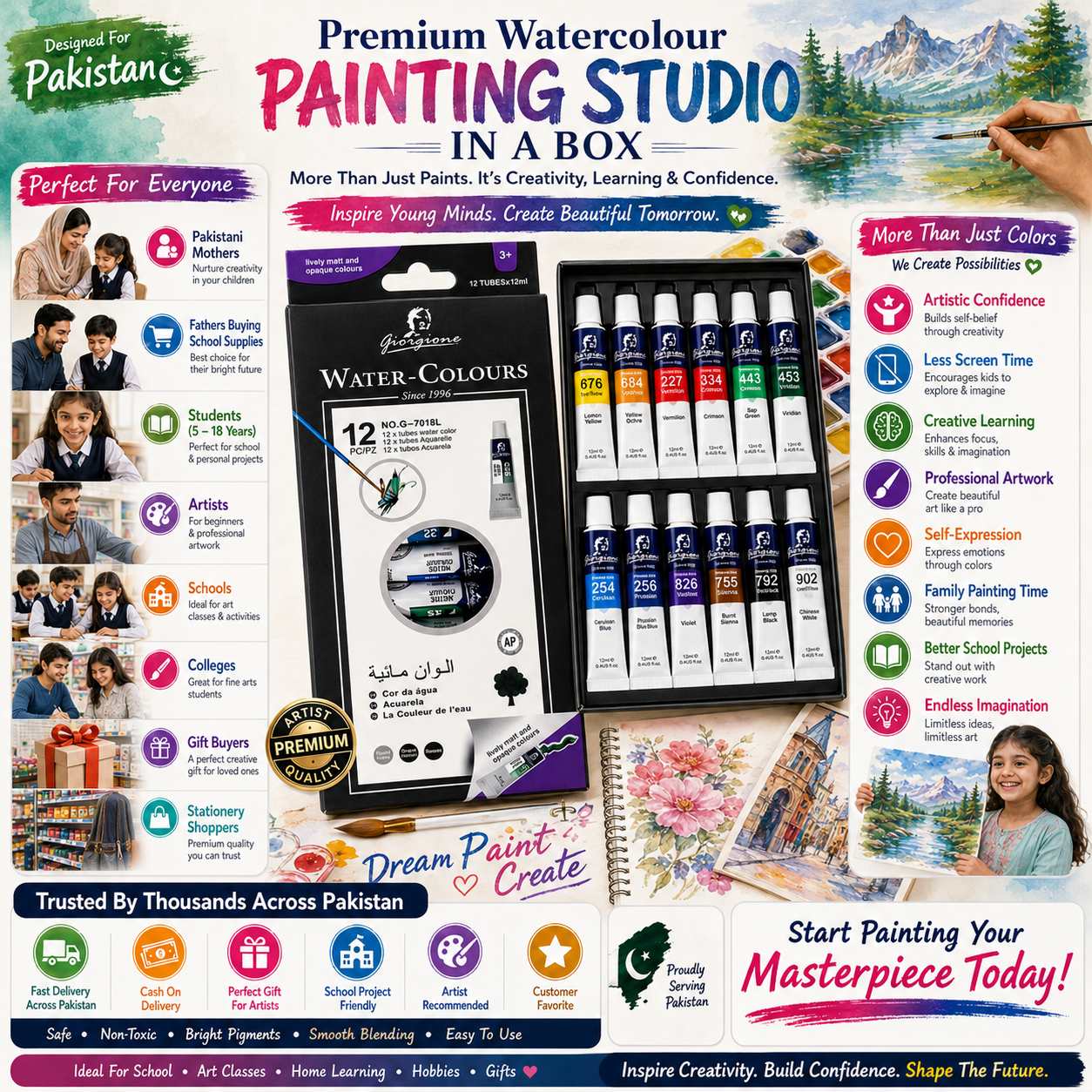 12-Color Watercolor Paint Set – 12ml Tubes Premium Water Colour Paints for Kids, Students, Beginners & Artists, Smooth Blending & Bright Pigments