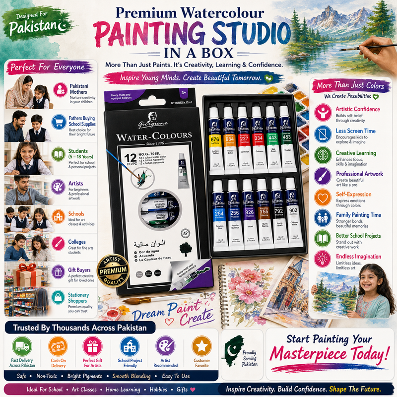 12-Color Watercolor Paint Set – 12ml Tubes Premium Water Colour Paints for Kids, Students, Beginners & Artists, Smooth Blending & Bright Pigments
