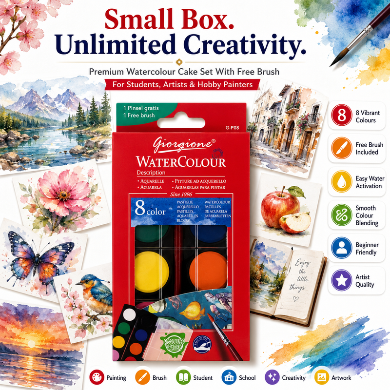 8-Color Watercolor Paint Set with Free Brush – Portable Water Colour Cake Set for Kids, Students, Beginners & Artists, Painting & Art Projects