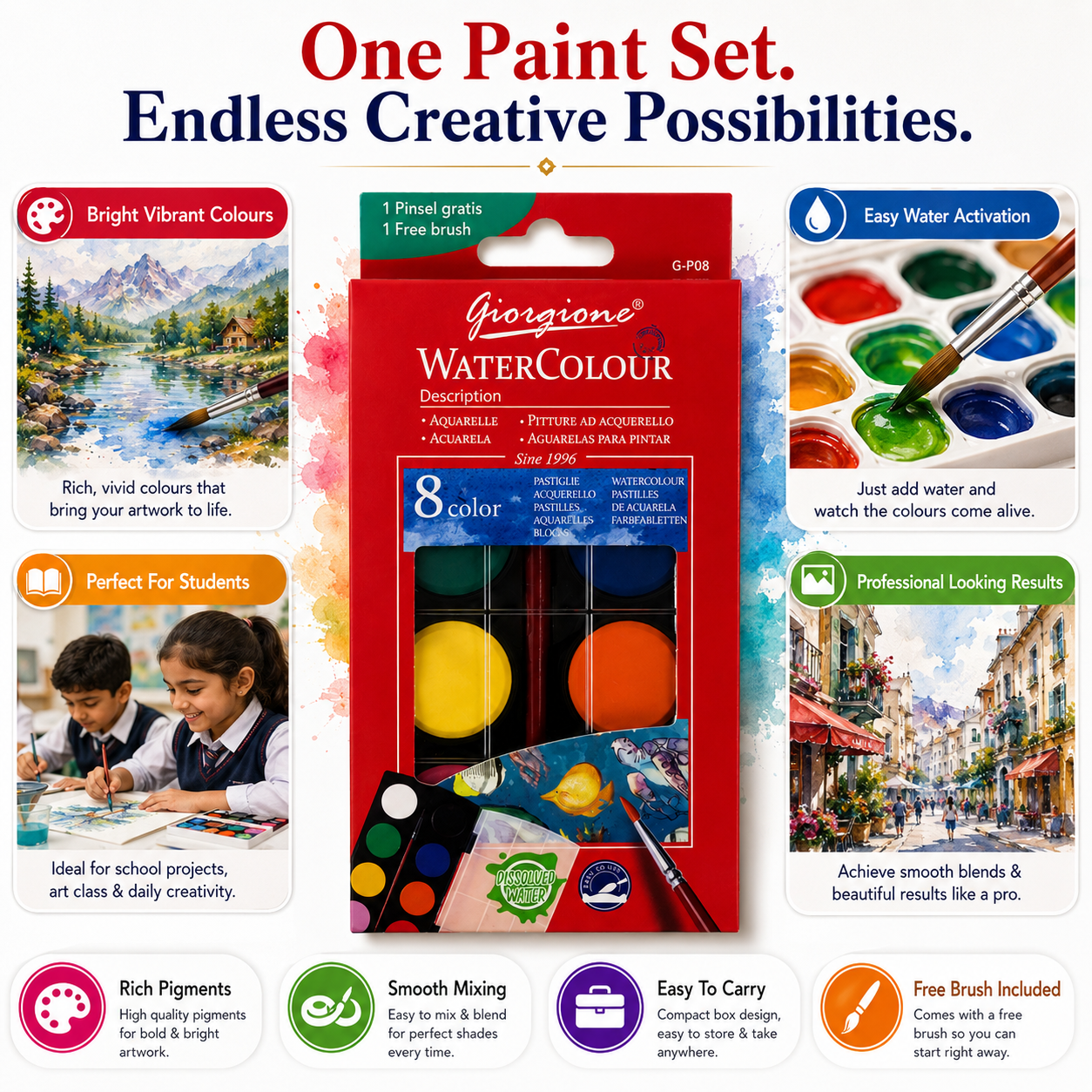 8-Color Watercolor Paint Set with Free Brush – Portable Water Colour Cake Set for Kids, Students, Beginners & Artists, Painting & Art Projects