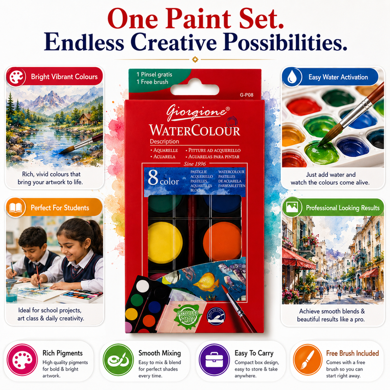 8-Color Watercolor Paint Set with Free Brush – Portable Water Colour Cake Set for Kids, Students, Beginners & Artists, Painting & Art Projects