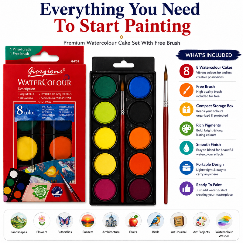 8-Color Watercolor Paint Set with Free Brush – Portable Water Colour Cake Set for Kids, Students, Beginners & Artists, Painting & Art Projects