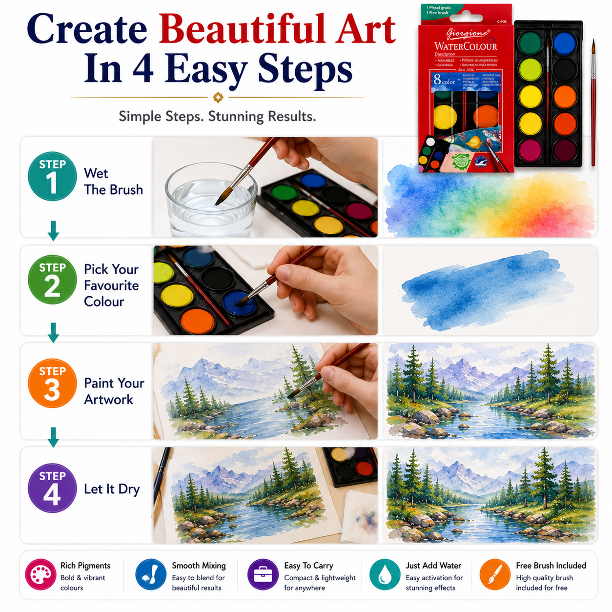 8-Color Watercolor Paint Set with Free Brush – Portable Water Colour Cake Set for Kids, Students, Beginners & Artists, Painting & Art Projects