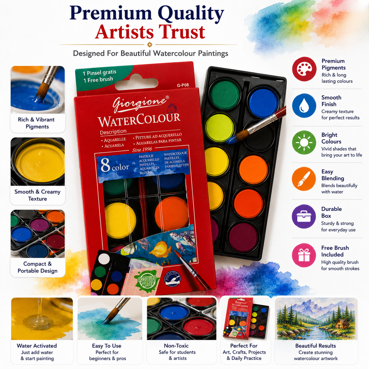 8-Color Watercolor Paint Set with Free Brush – Portable Water Colour Cake Set for Kids, Students, Beginners & Artists, Painting & Art Projects