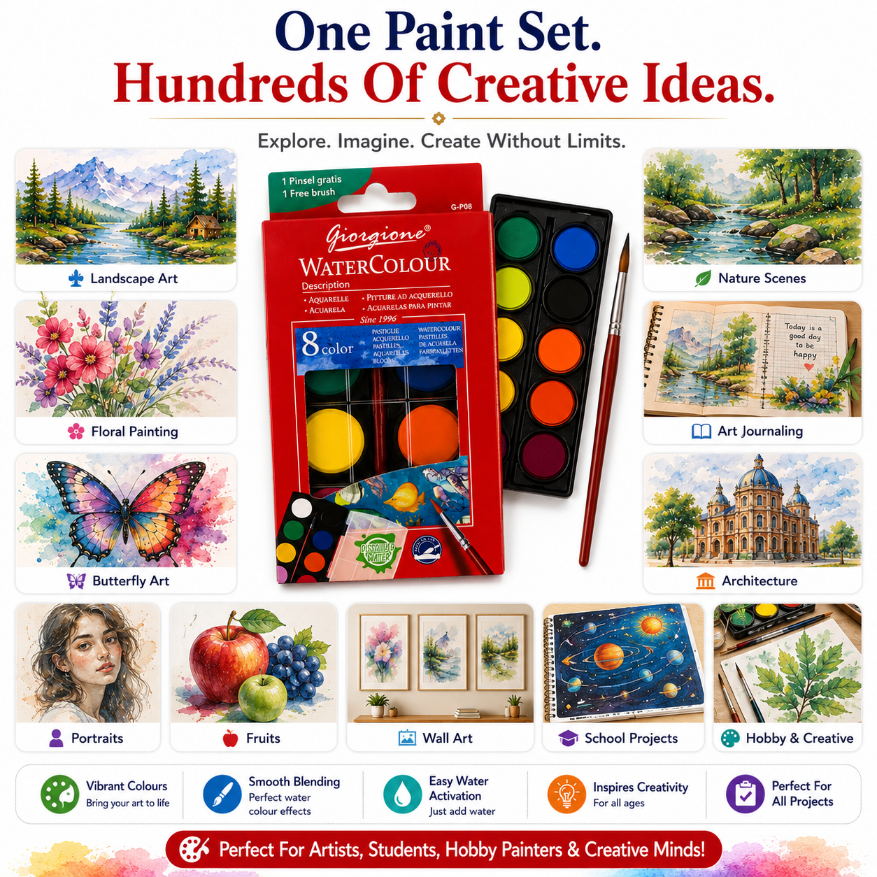 8-Color Watercolor Paint Set with Free Brush – Portable Water Colour Cake Set for Kids, Students, Beginners & Artists, Painting & Art Projects