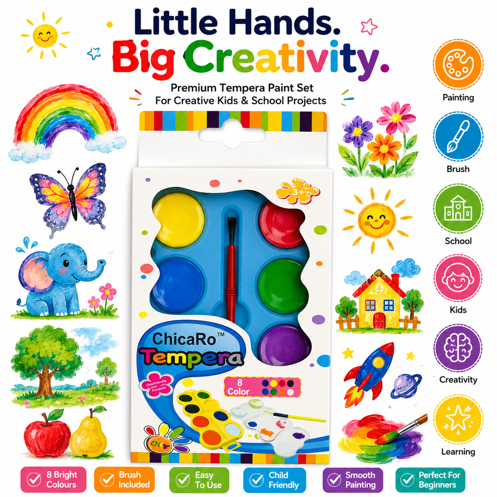 Tempera Paint Set for Kids with Brush – 8 Bright Colors for Painting, School Projects, DIY Crafts & Learning
