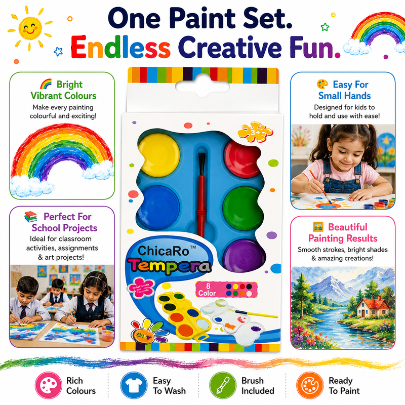 Tempera Paint Set for Kids with Brush – 8 Bright Colors for Painting, School Projects, DIY Crafts & Learning