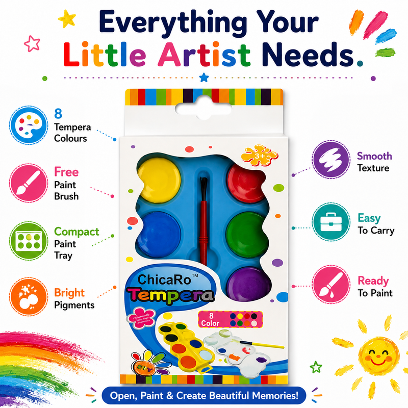 Tempera Paint Set for Kids with Brush – 8 Bright Colors for Painting, School Projects, DIY Crafts & Learning