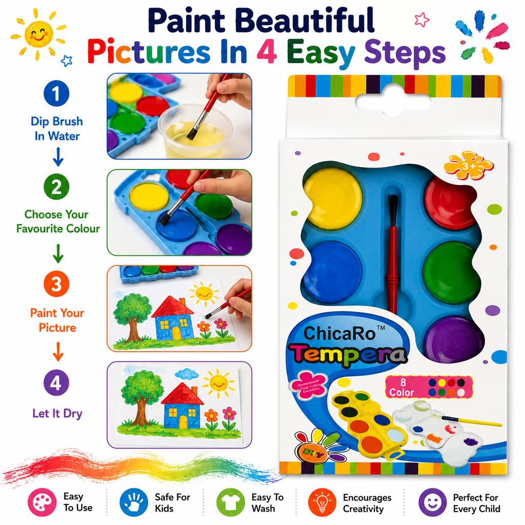 Tempera Paint Set for Kids with Brush – 8 Bright Colors for Painting, School Projects, DIY Crafts & Learning