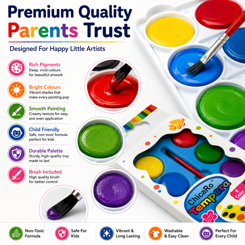 Tempera Paint Set for Kids with Brush – 8 Bright Colors for Painting, School Projects, DIY Crafts & Learning