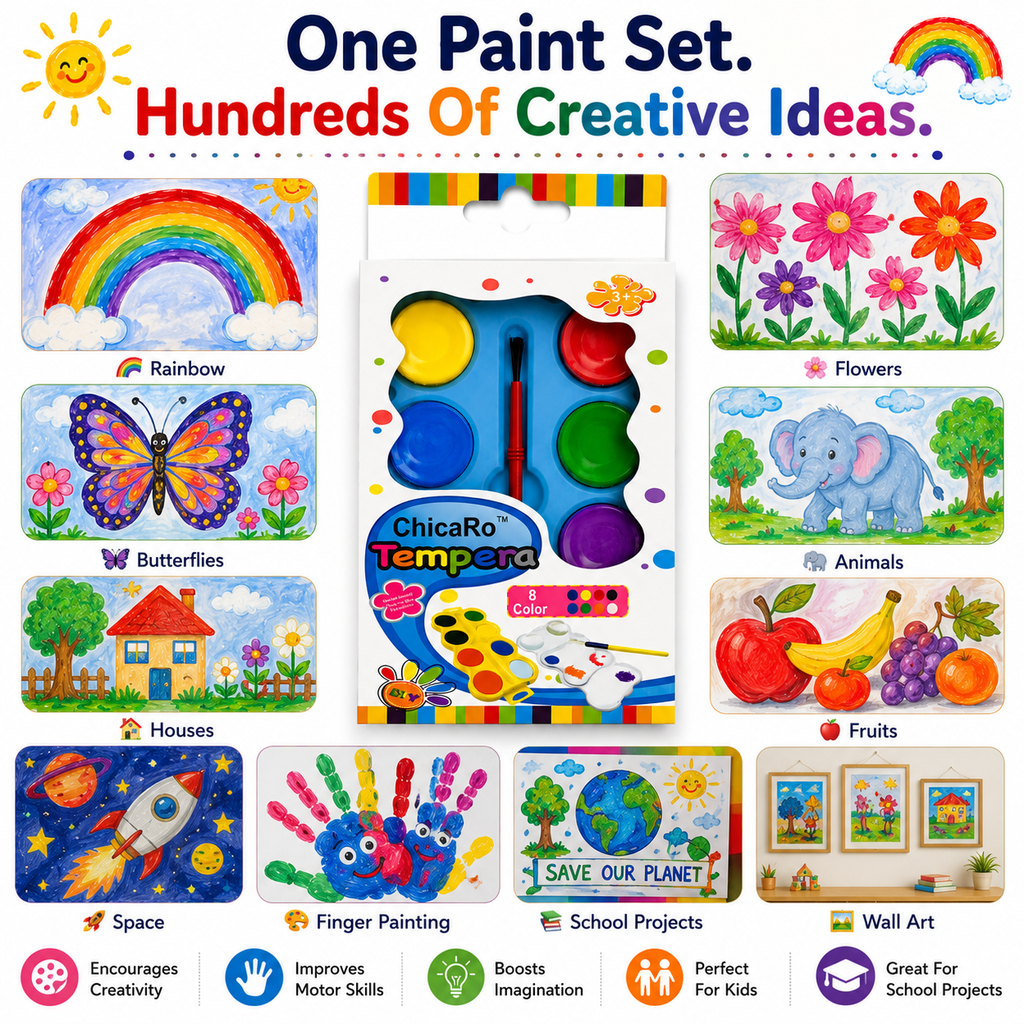 Tempera Paint Set for Kids with Brush – 8 Bright Colors for Painting, School Projects, DIY Crafts & Learning