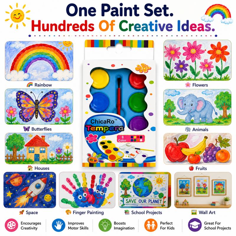 Tempera Paint Set for Kids with Brush – 8 Bright Colors for Painting, School Projects, DIY Crafts & Learning