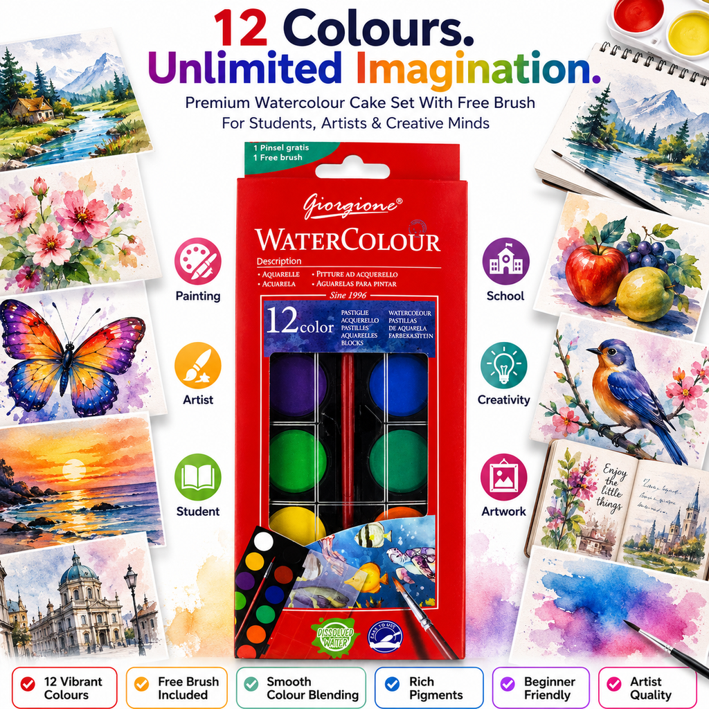 12-Color Watercolor Paint Set – Portable Water Colour Cake Palette with Brush for Kids, Students, Beginners & Artists, Painting & Art Projects