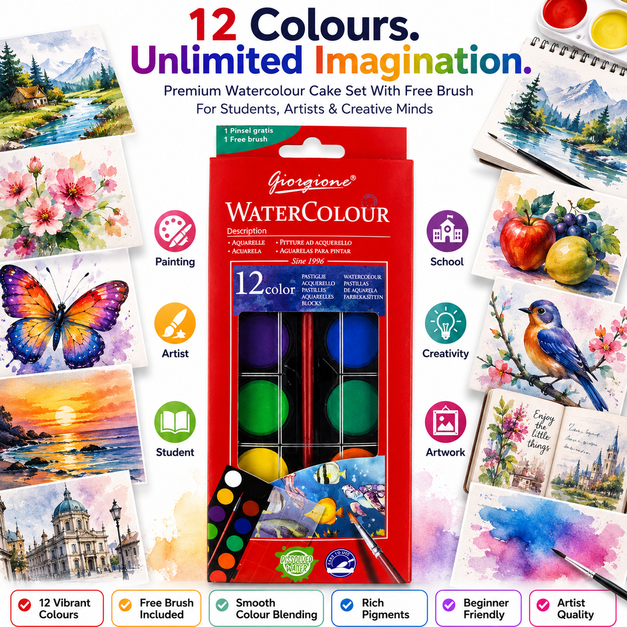 12-Color Watercolor Paint Set – Portable Water Colour Cake Palette with Brush for Kids, Students, Beginners & Artists, Painting & Art Projects