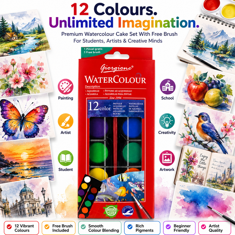 12-Color Watercolor Paint Set – Portable Water Colour Cake Palette with Brush for Kids, Students, Beginners & Artists, Painting & Art Projects