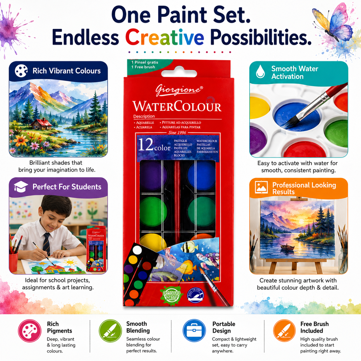 12-Color Watercolor Paint Set – Portable Water Colour Cake Palette with Brush for Kids, Students, Beginners & Artists, Painting & Art Projects