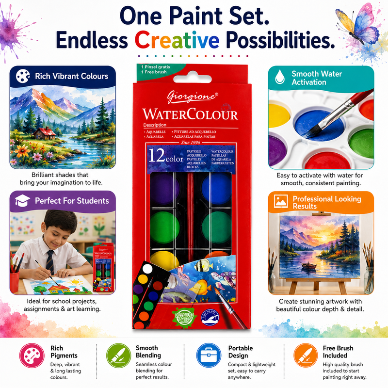12-Color Watercolor Paint Set – Portable Water Colour Cake Palette with Brush for Kids, Students, Beginners & Artists, Painting & Art Projects