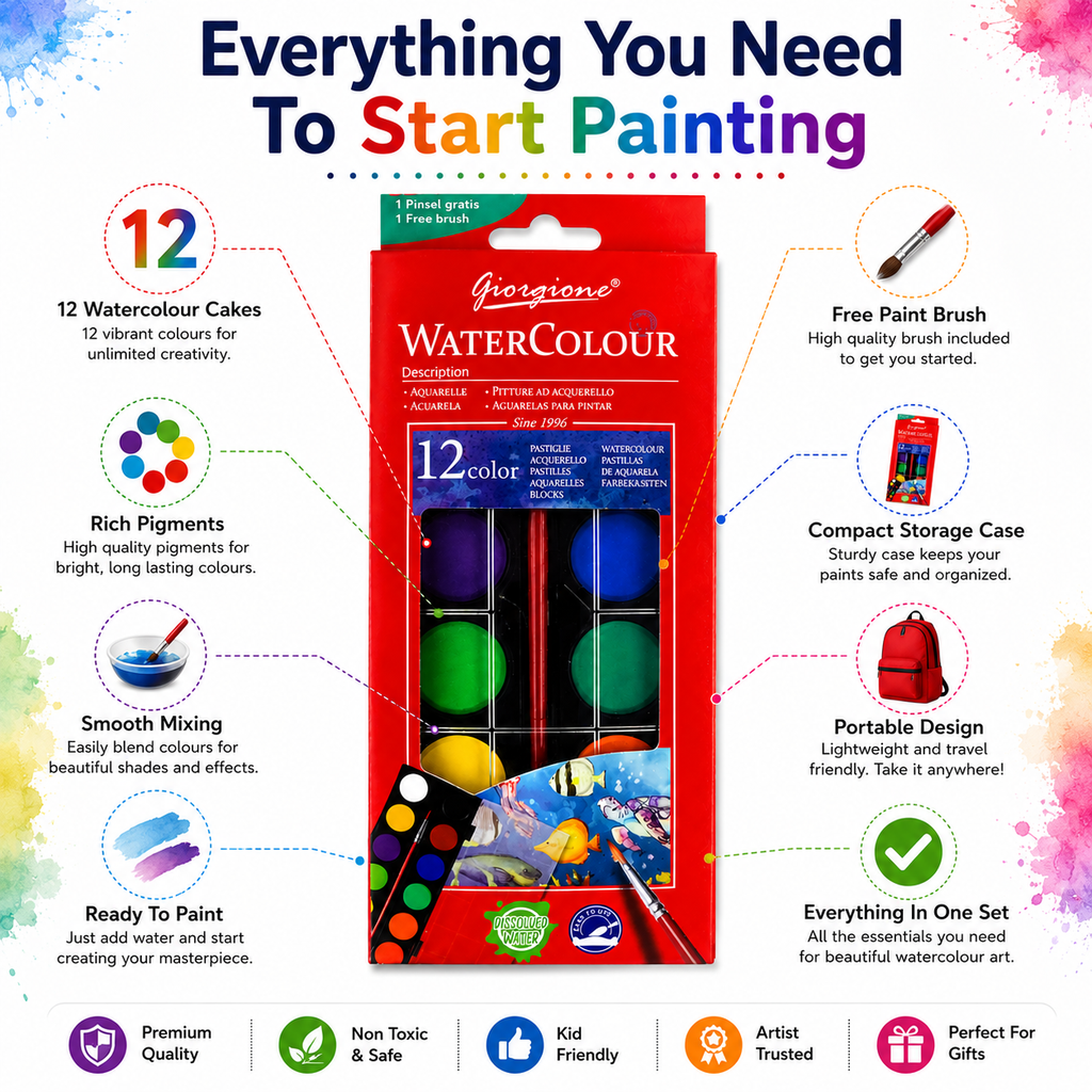 12-Color Watercolor Paint Set – Portable Water Colour Cake Palette with Brush for Kids, Students, Beginners & Artists, Painting & Art Projects