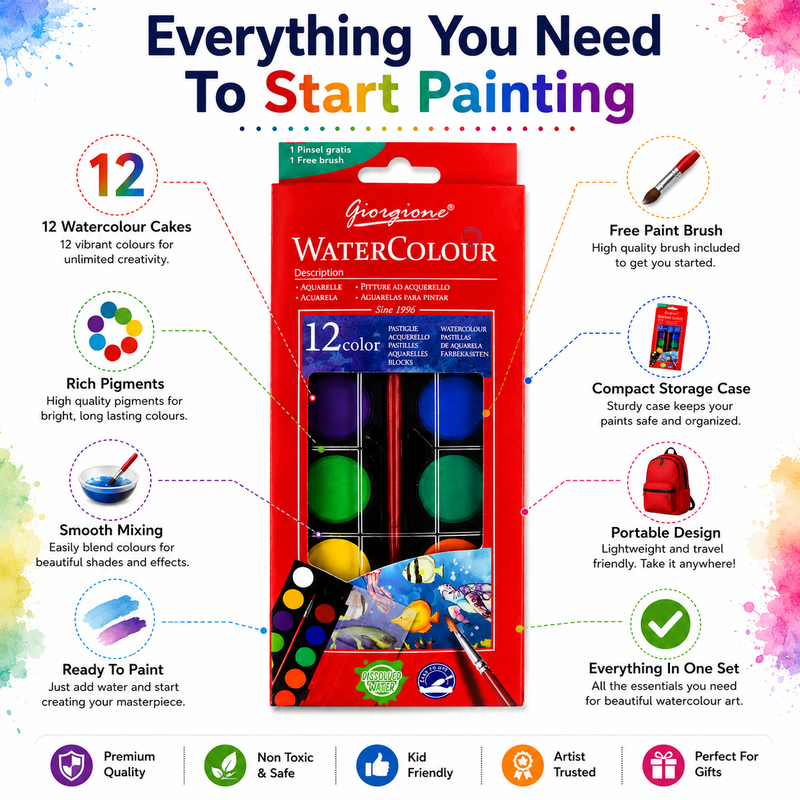 12-Color Watercolor Paint Set – Portable Water Colour Cake Palette with Brush for Kids, Students, Beginners & Artists, Painting & Art Projects