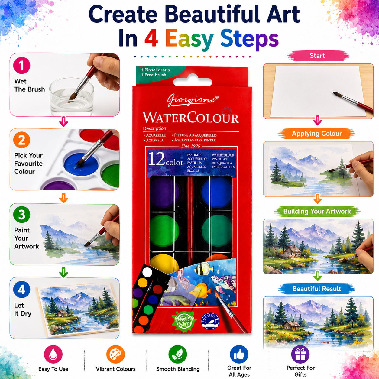 12-Color Watercolor Paint Set – Portable Water Colour Cake Palette with Brush for Kids, Students, Beginners & Artists, Painting & Art Projects