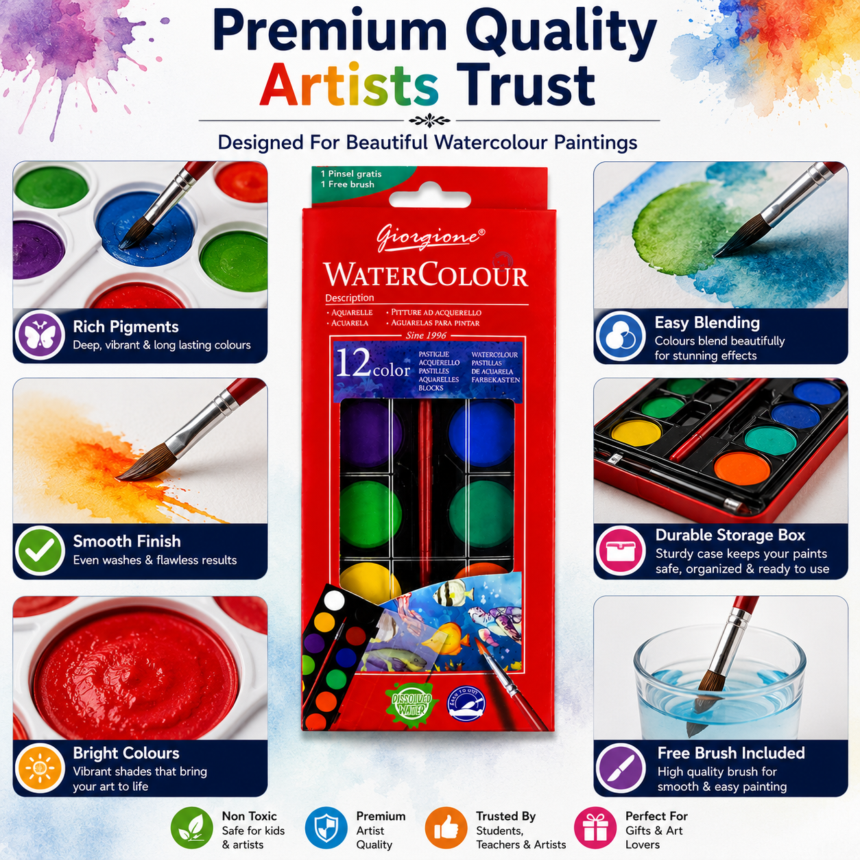 12-Color Watercolor Paint Set – Portable Water Colour Cake Palette with Brush for Kids, Students, Beginners & Artists, Painting & Art Projects