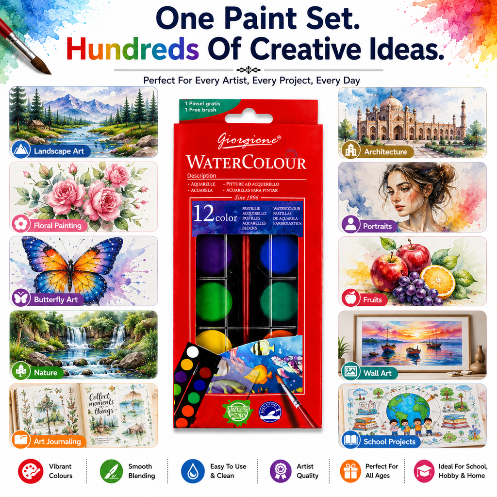 12-Color Watercolor Paint Set – Portable Water Colour Cake Palette with Brush for Kids, Students, Beginners & Artists, Painting & Art Projects