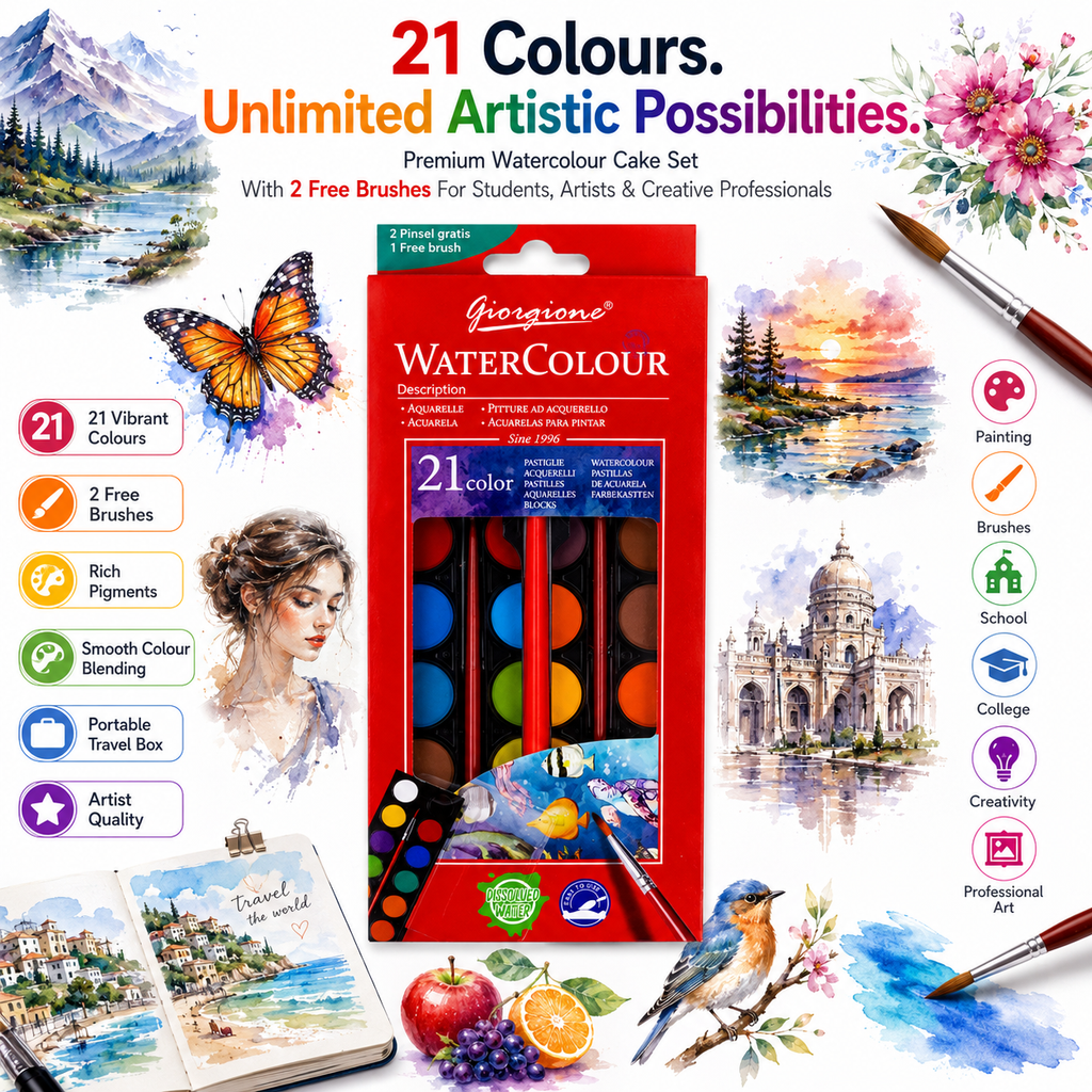 Premium 21-Color Watercolor Set with 2 Brushes – Vibrant Water Colour Cakes for Artists, Students & Painting
