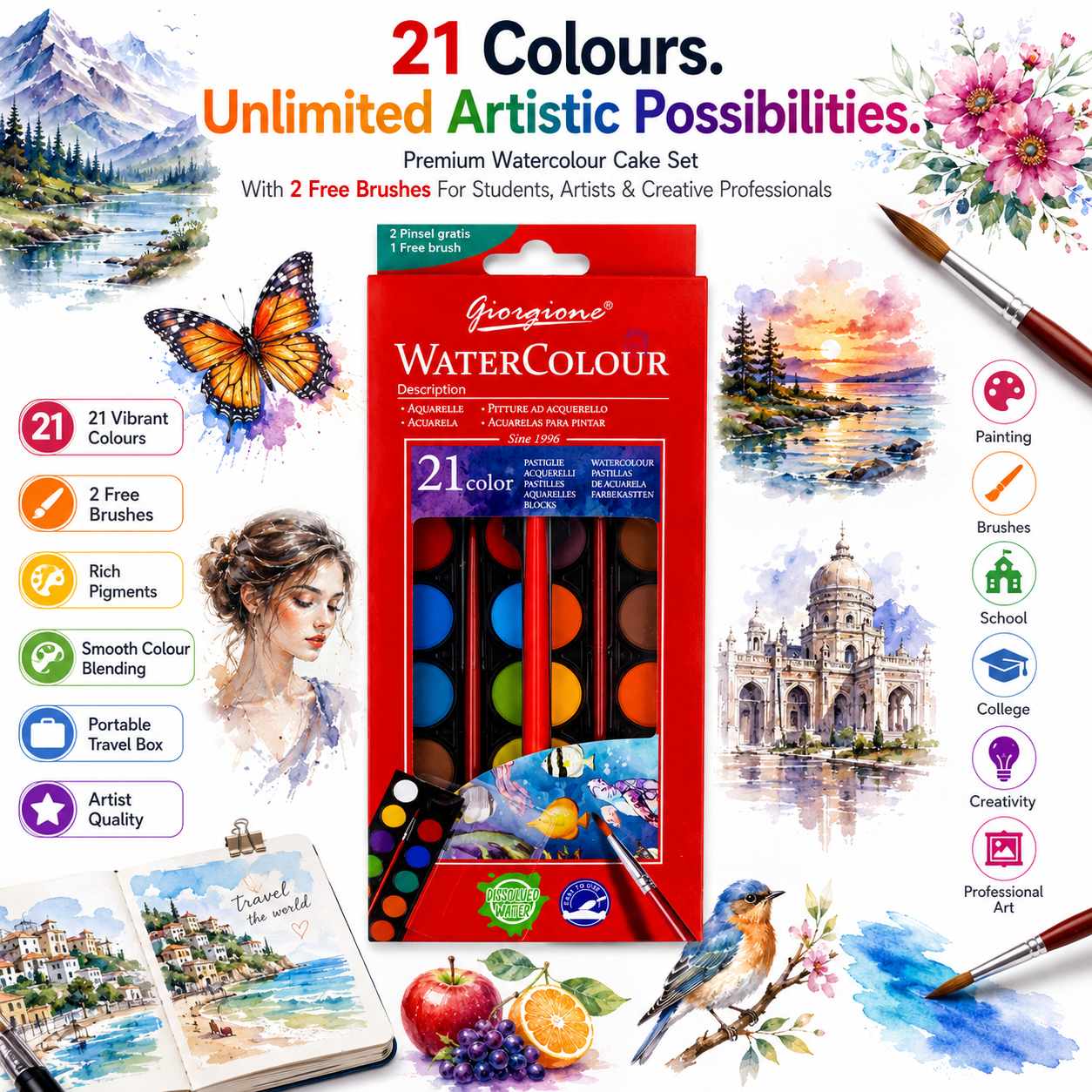 Premium 21-Color Watercolor Set with 2 Brushes – Vibrant Water Colour Cakes for Artists, Students & Painting