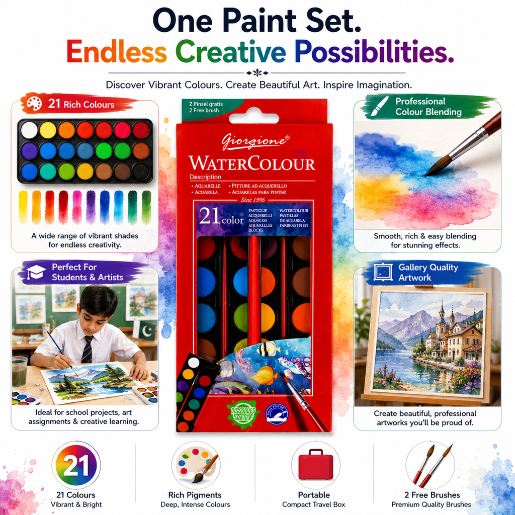 Premium 21-Color Watercolor Set with 2 Brushes – Vibrant Water Colour Cakes for Artists, Students & Painting