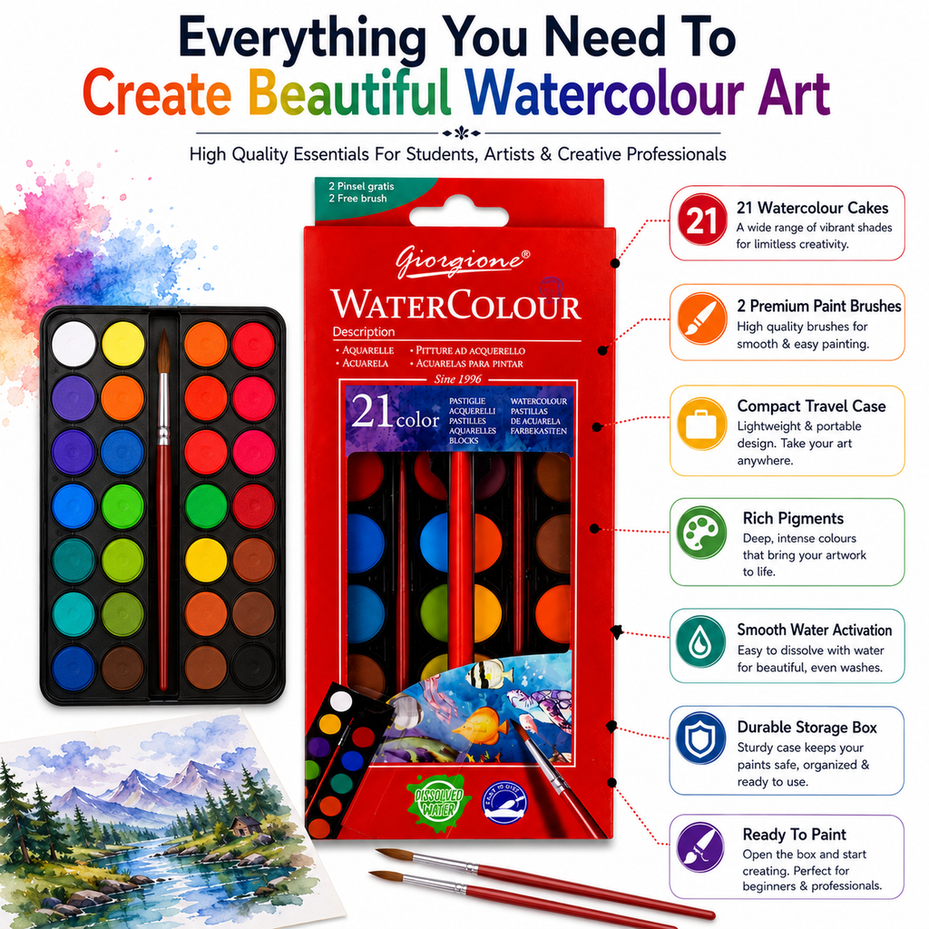 Premium 21-Color Watercolor Set with 2 Brushes – Vibrant Water Colour Cakes for Artists, Students & Painting
