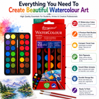 Premium 21-Color Watercolor Set with 2 Brushes – Vibrant Water Colour Cakes for Artists, Students & Painting