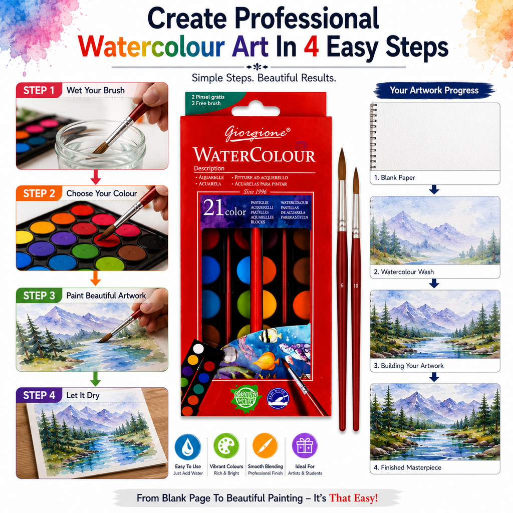 Premium 21-Color Watercolor Set with 2 Brushes – Vibrant Water Colour Cakes for Artists, Students & Painting