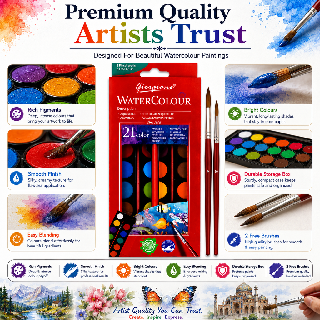Premium 21-Color Watercolor Set with 2 Brushes – Vibrant Water Colour Cakes for Artists, Students & Painting