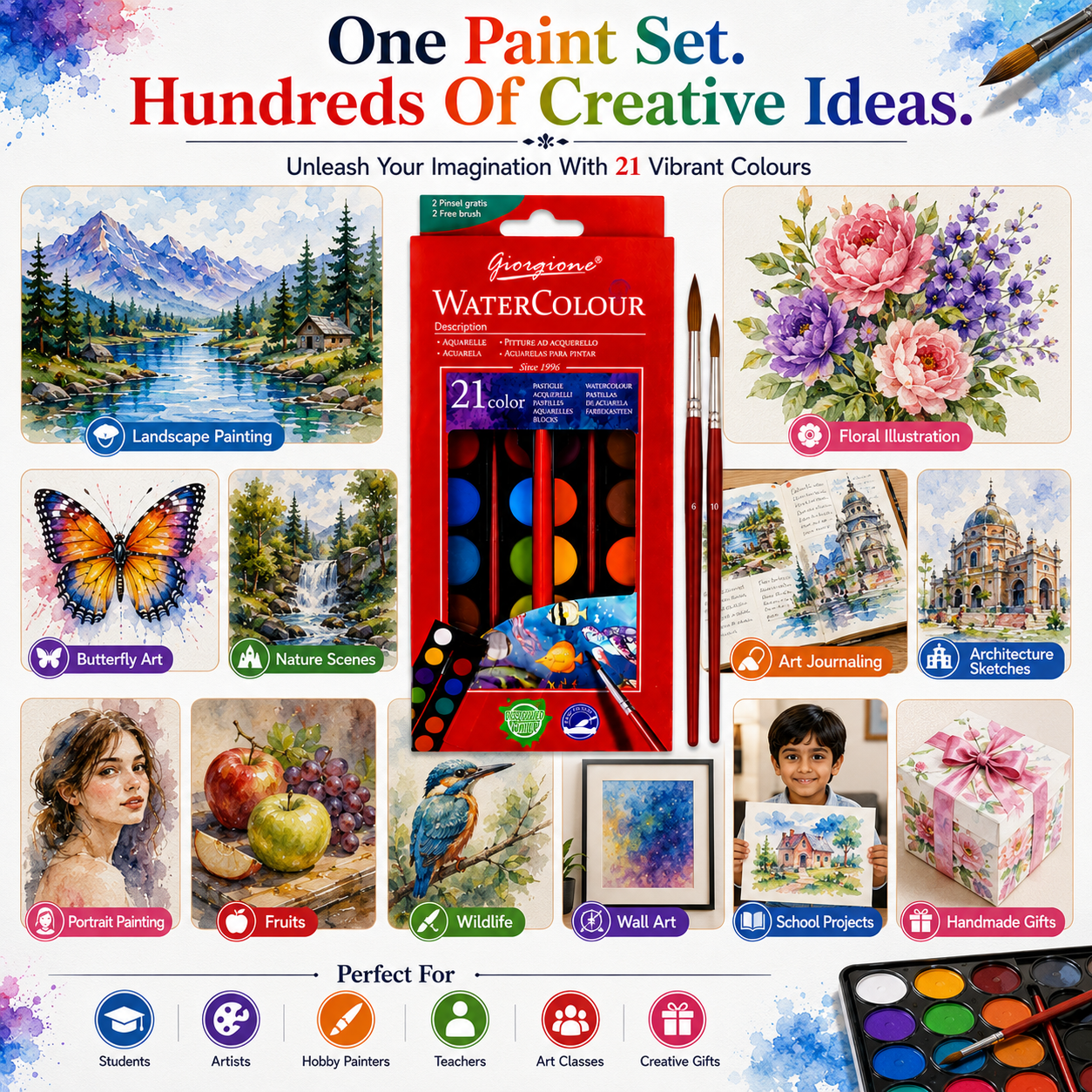 Premium 21-Color Watercolor Set with 2 Brushes – Vibrant Water Colour Cakes for Artists, Students & Painting