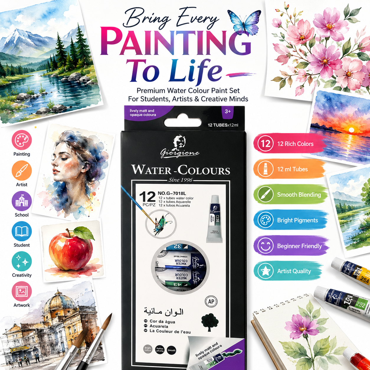 12-Color Watercolor Paint Set – 12ml Tubes Premium Water Colour Paints for Kids, Students, Beginners & Artists, Smooth Blending & Bright Pigments