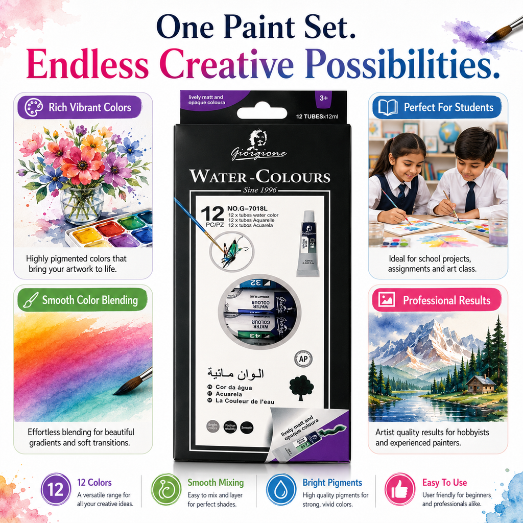 12-Color Watercolor Paint Set – 12ml Tubes Premium Water Colour Paints for Kids, Students, Beginners & Artists, Smooth Blending & Bright Pigments
