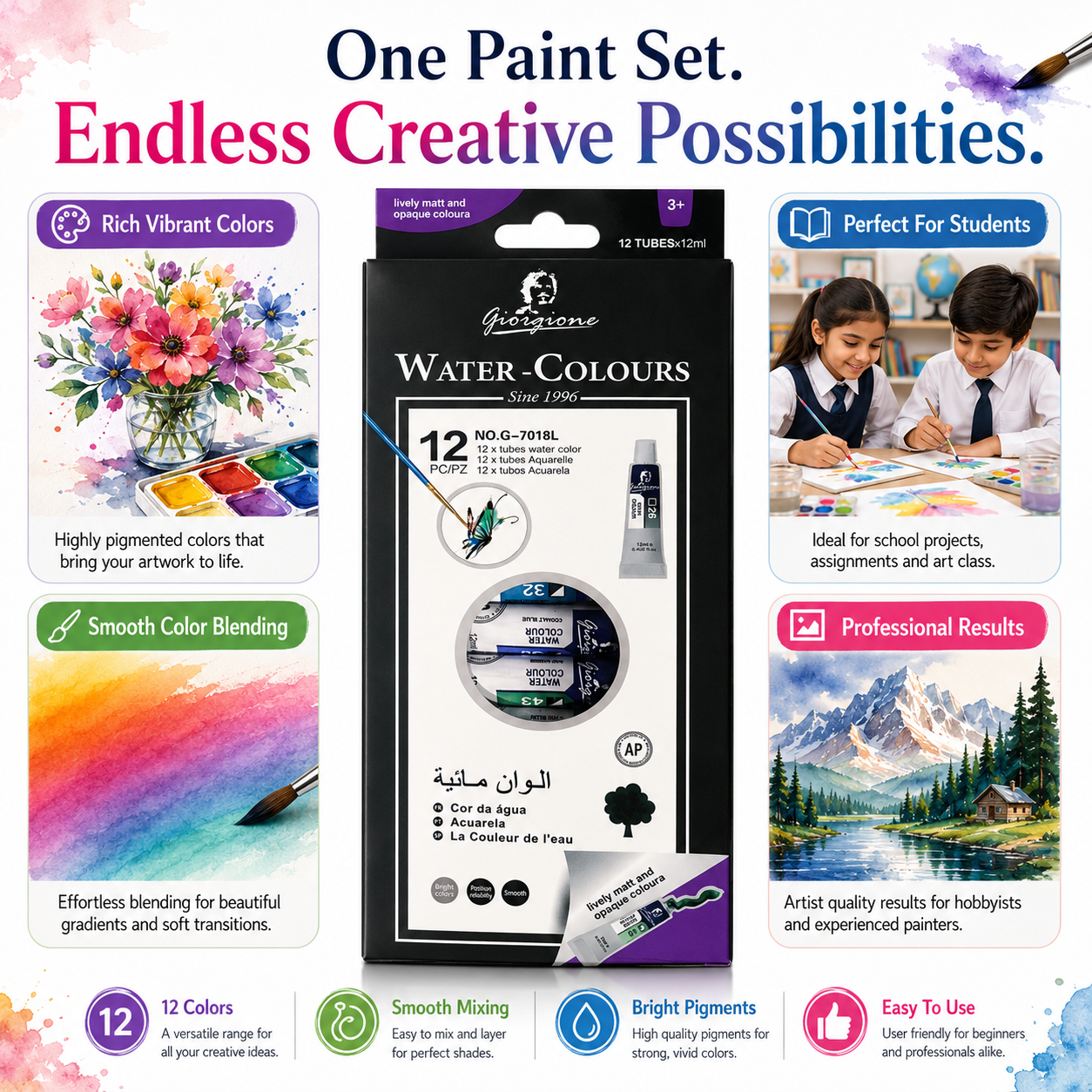 12-Color Watercolor Paint Set – 12ml Tubes Premium Water Colour Paints for Kids, Students, Beginners & Artists, Smooth Blending & Bright Pigments