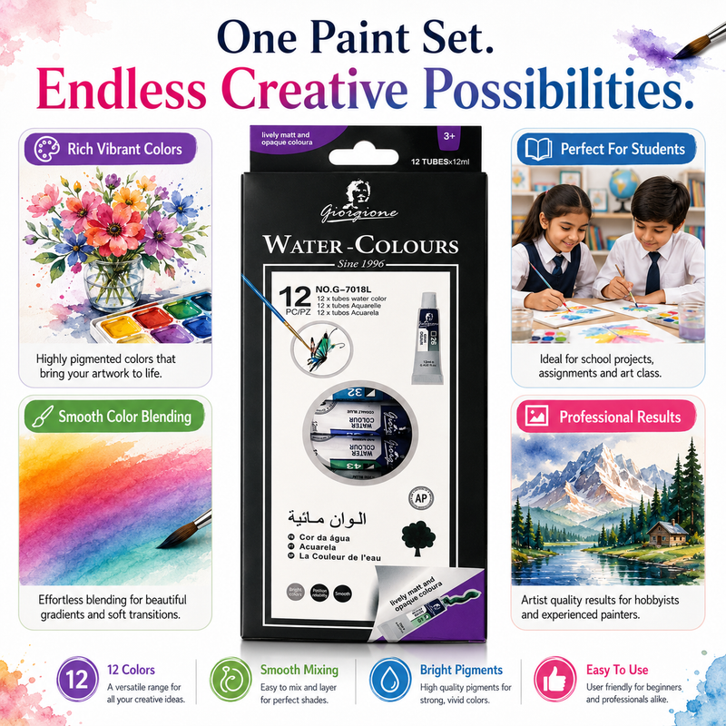 12-Color Watercolor Paint Set – 12ml Tubes Premium Water Colour Paints for Kids, Students, Beginners & Artists, Smooth Blending & Bright Pigments
